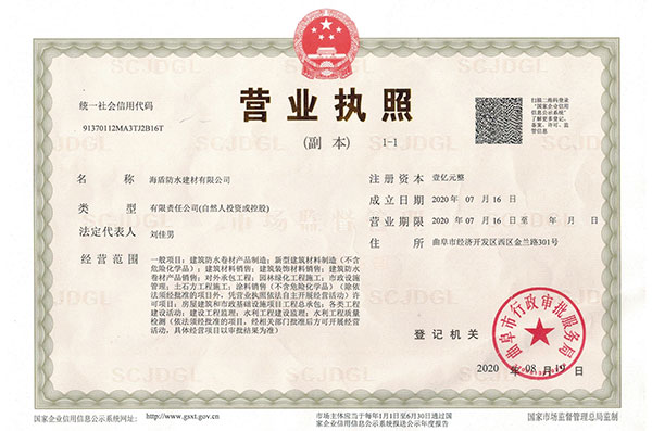 海盾防水建材有限公司營(yíng)業(yè)執(zhí)照